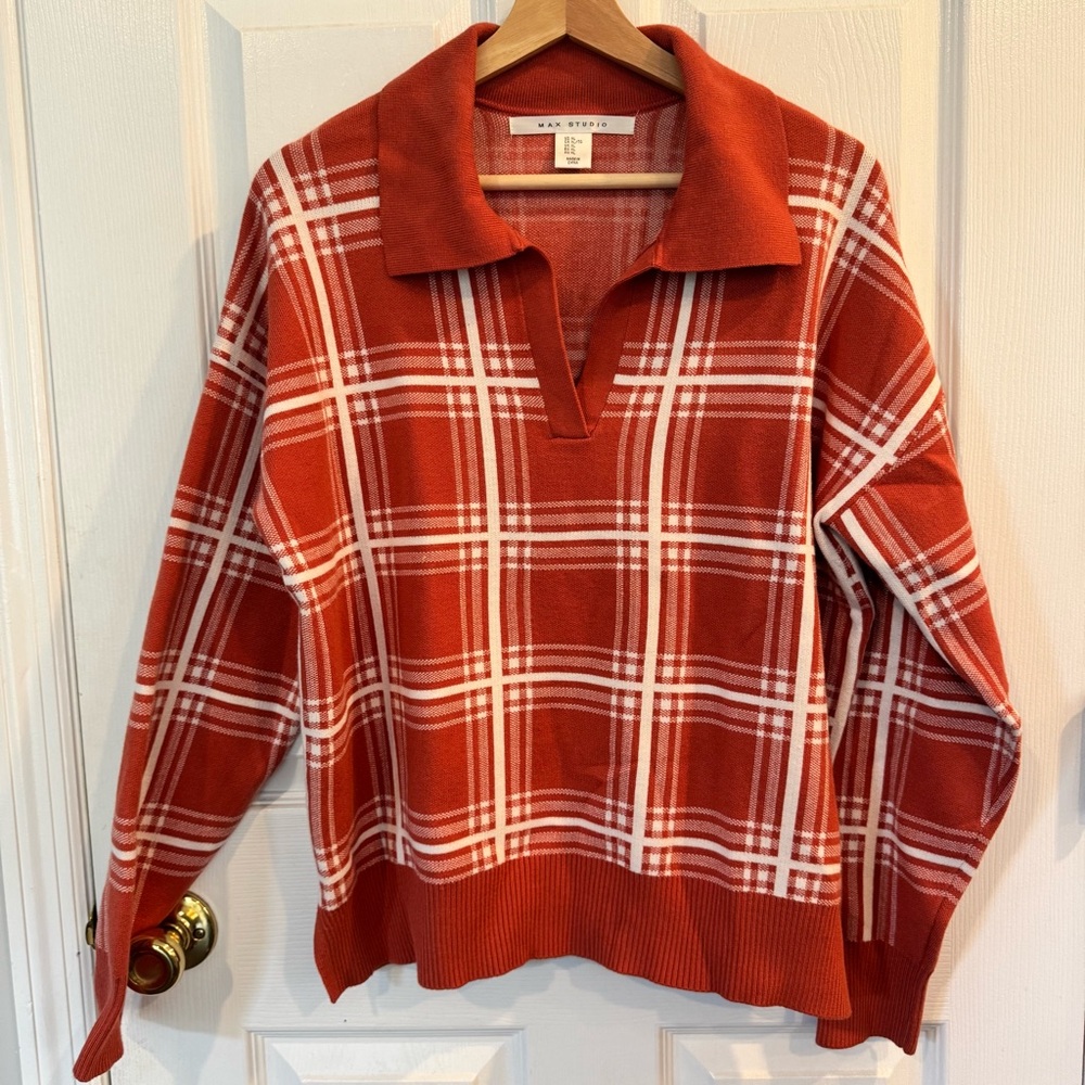 Max Studio Rust Plaid Collared Sweater XL Split Neck Pullover Knit Top NWOT - Picture 2 of 6